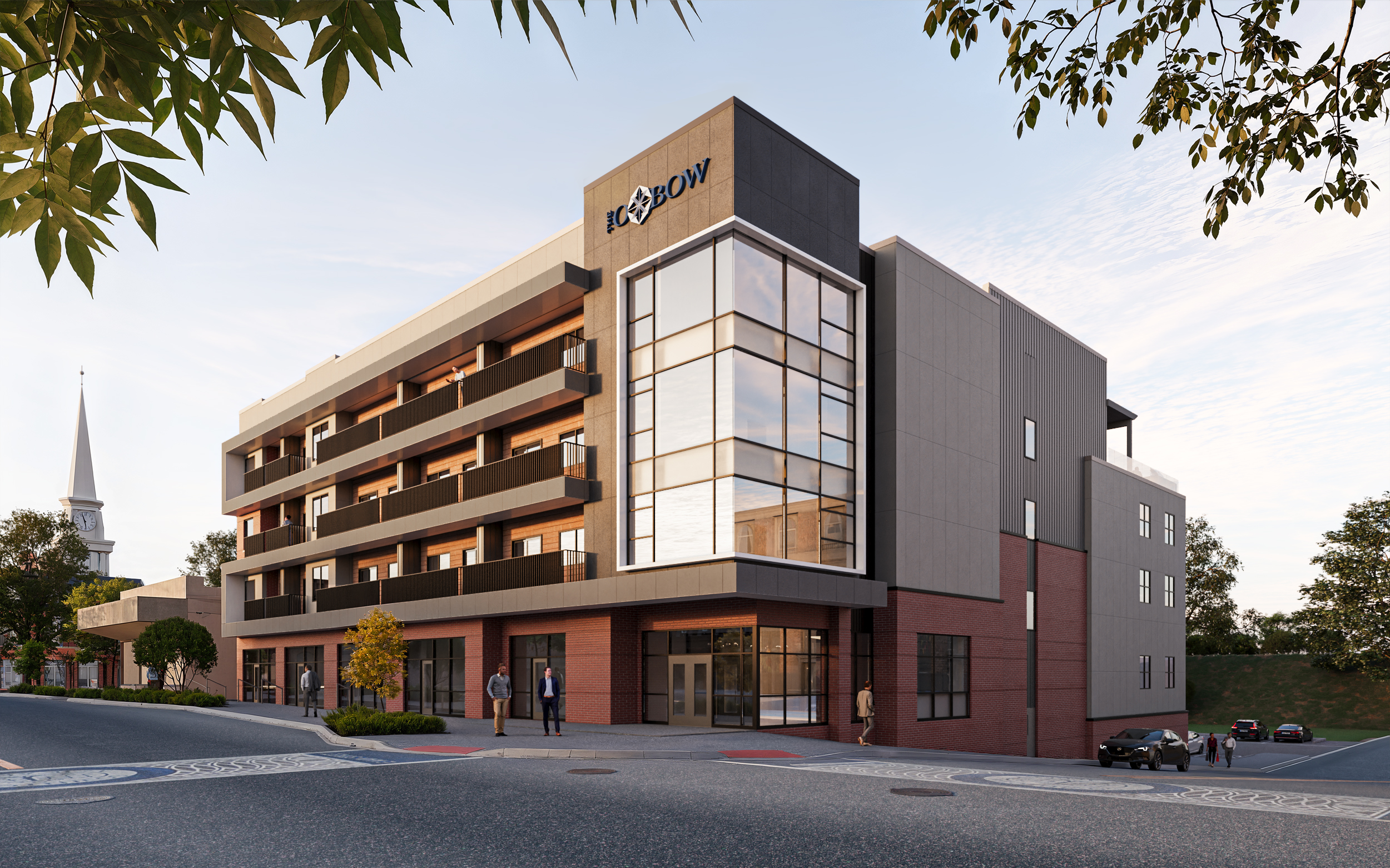 A rendering of a modern building with the name "The Oxbow" on the top.